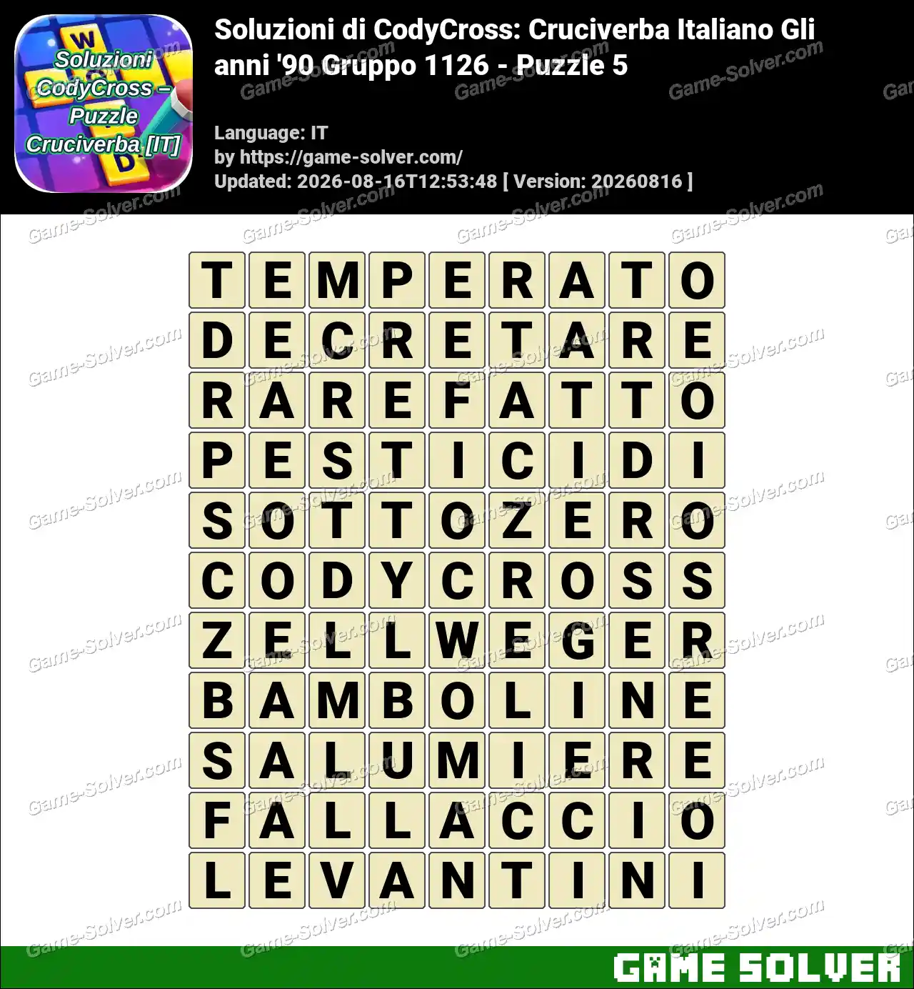 Soluzioni di CodyCross: Cruciverba Italiano Gli anni ’90 Gruppo 1126 – Puzzle 5